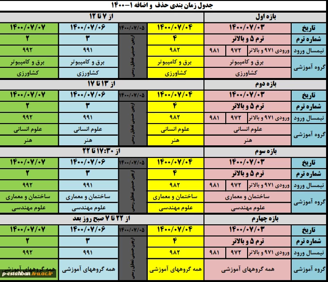 جدول زمانبندی حذف واضافه 1401-1400 2