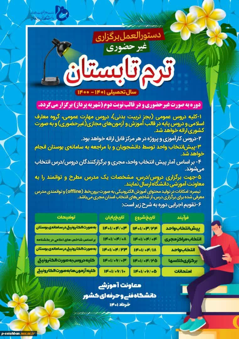 دستورالعمل برگزاری غیر حضوری ترم تابستان سال تحصیلی 1401-1400 2